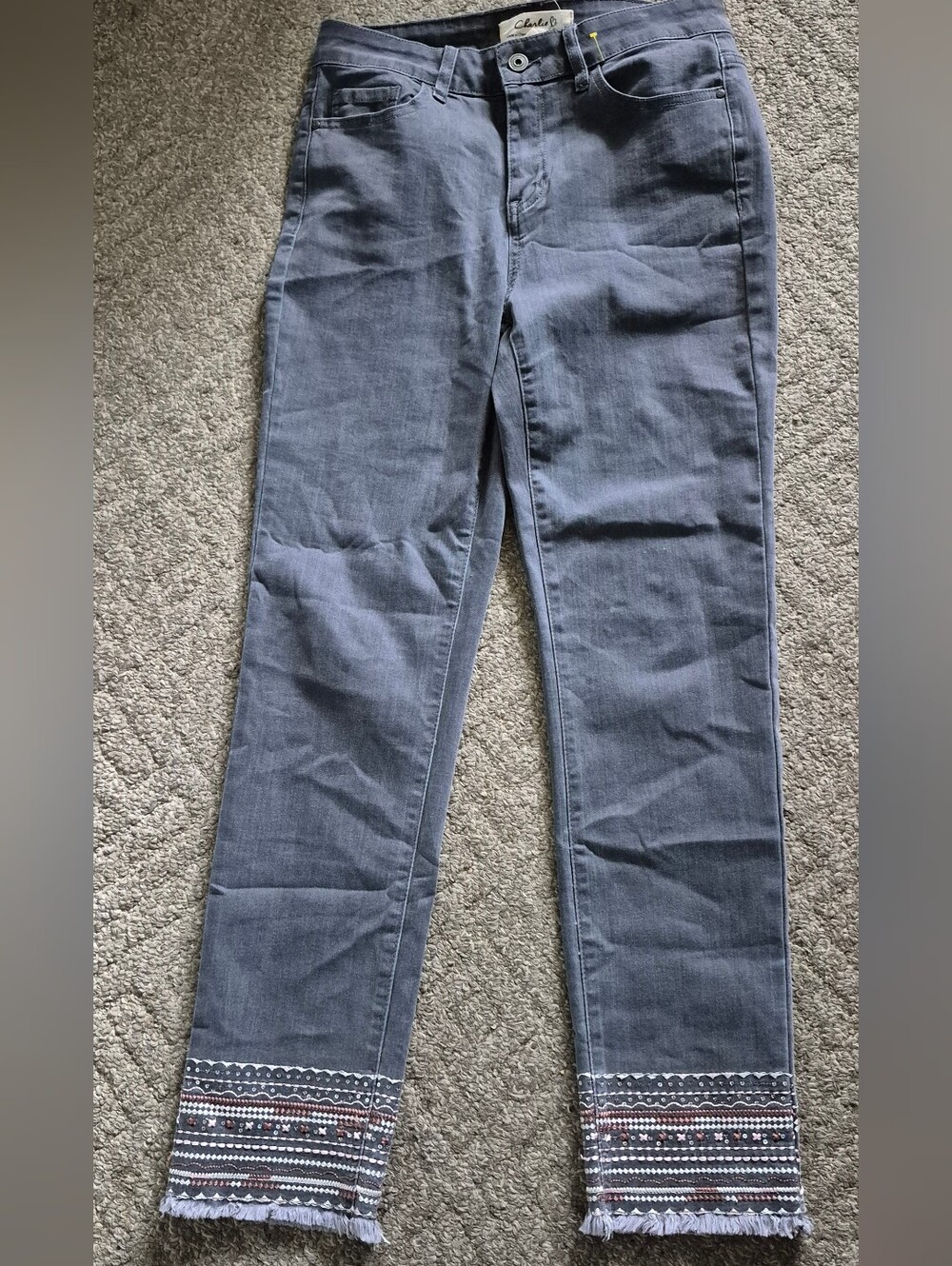 Charlie B Grey Embroidered Hem Strech Denim Jeans Sz.6 NWT